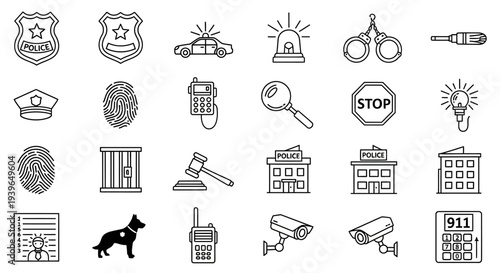 Police Icons Set: Law Enforcement, Justice, and Security Symbols