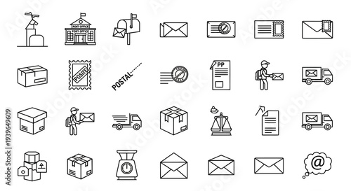 Postal Service Icons Set: Mail, Delivery, Packages, Stamps, Post Office, and More
