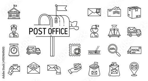 Post Office Icons: Mailbox, Delivery Truck, Stamps, Envelopes, Postman & Package