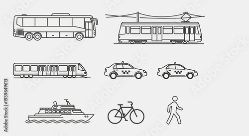 Public Transport Icons: Bus, Tram, Train, Taxi, Ferry, Bicycle, Pedestrian
