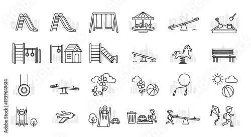 Playground Icons Set: Slide, Swing, Carousel, Seesaw, Sandbox, Horse Rider