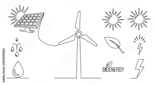 Renewable Energy Icons: Solar Panel, Wind Turbine, Water Drop, Leaf, Sun, Lightning Bolt
