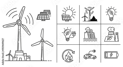 Renewable Energy Icons and Illustrations: Wind, Solar, Hydro, Battery, EV