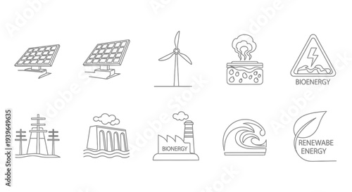 Renewable Energy Sources: Solar, Wind, Hydro, Bio, Wave Icons