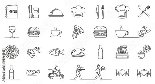 Restaurant Food Service Icons Set - Outline Vector Graphics