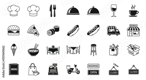 Restaurant Icons: Food, Drinks, Service, and Dining Elements