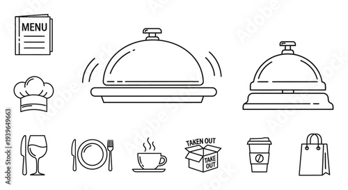 Restaurant Service Icons: Menu, Chef Hat, Service Bell, Table Setting, Coffee, Take Out