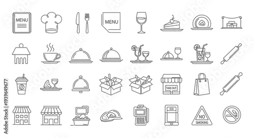 Restaurant and Cafe Icon Set: Food, Drinks, Service and Business Elements