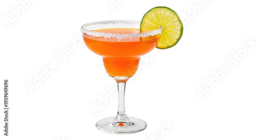 A vibrant orange margarita in a salt rimmed glass complete with a lime garnish on transparent background
