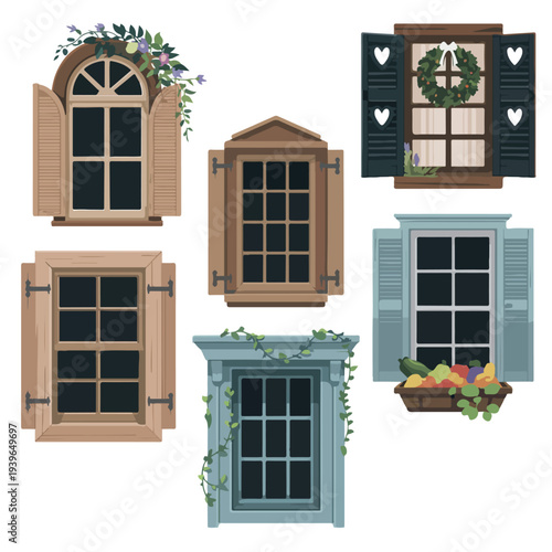 An old brick building facade in Europe features vintage windows with wooden shutters and glass panes, showcasing classic architectural details of a city apartment home exterior