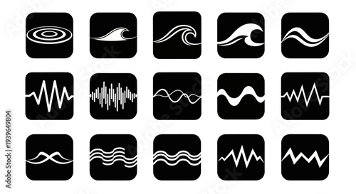 Set of 15 Wave and Sound Wave Icons: Water, Ocean, Audio Signal Graphics