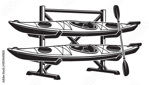 Kayak rack with two kayaks and a paddle vector illustration on transparent background