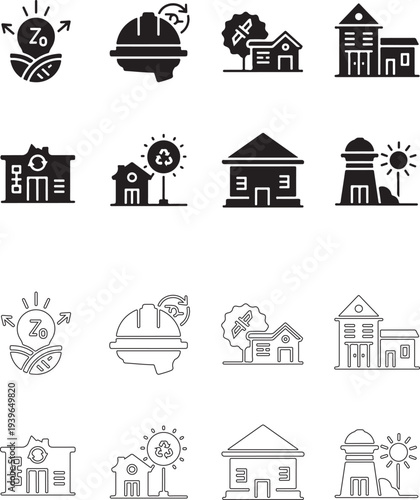 Sustainable architecture outline icon set. Line symbols representing net-zero energy buildings, geothermal technology, building envelope design, daylight harvesting and long-term operational savings..