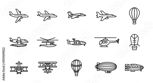 Set of Airplane, Helicopter, Hot Air Balloon and Airship Icons