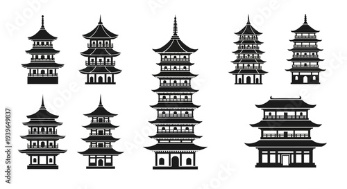 Set of Black Pagoda Towers, Traditional Asian Architecture Icons