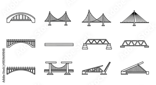 Set of Bridge Icons: Diverse Architectural Styles, Line Art Collection