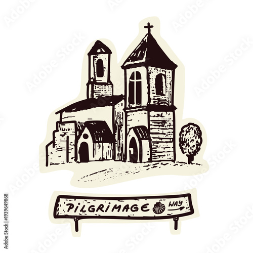 Hand drawn santiago the compostelo st james way sticker set for pilgrimage guide stamps. Europe churches on pilgrims way trail, buen camino sign , peregrinos greeting. Travel icon passport motif 
