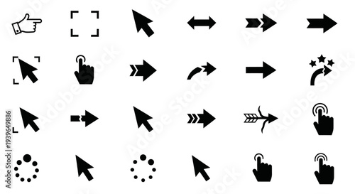 Set of diverse cursor icons and pointers, arrows, loading symbols, hand gestures