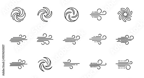 Set of Wind Icons and Swirl Symbols, Weather Elements, Vector Illustration
