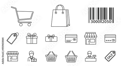 Shopping Icons Set: Cart, Bag, Barcode, Store, Gift, Credit Card, Tag