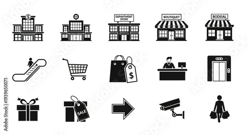 Shopping Icons Set: Mall, Storefronts, Escalator, Cart, Bags, Elevator, Gift, Sale Tag
