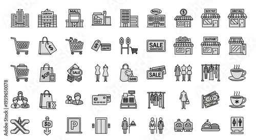 Shopping Mall Icons Set: Buildings, Carts, Bags, Sales, Cashiers, Clothing Racks