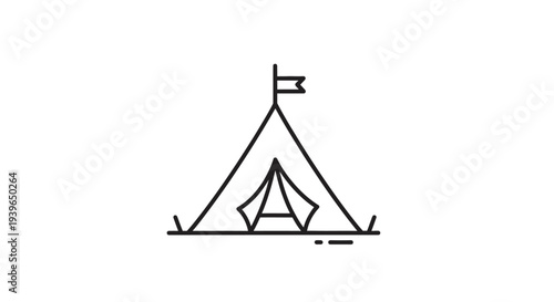 Simple Tent Icon with Flag - Outdoor Camping and Adventure Line Art