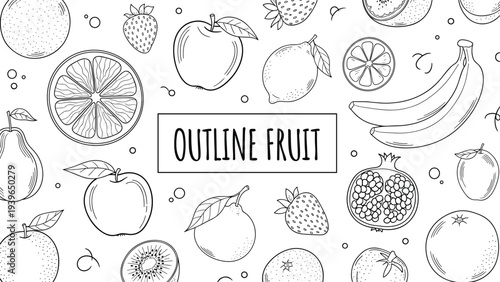 Outline fruit doodle icons set with apple banana orange lemon strawberry pear pomegranate hand drawn healthy food vector illustration