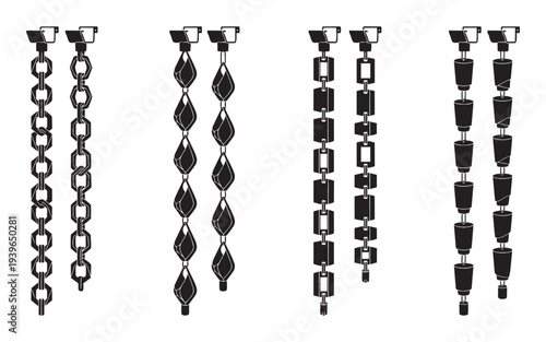 Decorative rain chain sets collection vector illustration for roof drainage and garden architecture