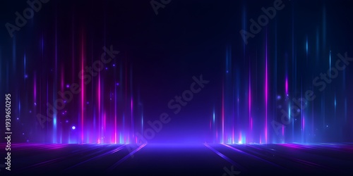 Vertical neon light beams in purple and blue shades rising from dark ground creating digital gateway for futuristic technology and data visualization concept with glowing particles and bokeh