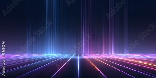 High speed data transfer concept with glowing fiber optic lines in blue and pink colors flowing across dark digital landscape for telecommunication and network technology background design