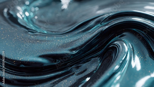 Abstract Dark Teal Flowing Liquid Texture with Gold Speckles