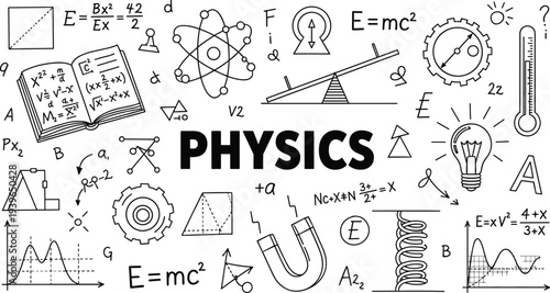 Physics science doodle icons set with formulas atom magnet energy equations education hand drawn scientific vector illustration
