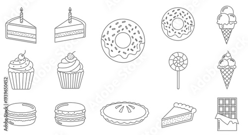 Sweet Treats Collection: Desserts and Candies Line Art Icons