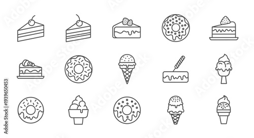 Sweet Treats Icons: Cake, Donut, Ice Cream - Line Art Collection