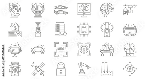 Technology Icons: AI, Robotics, Smart Home, Future Transport, VR, Data