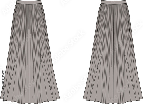 Pleated maxi skirt technical flat sketch, women long skirt fashion CAD drawing, flared sunray pleat vector illustration, apparel design template