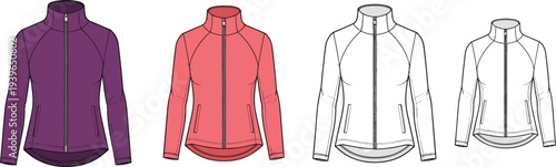 Technical Fashion Flat Sketches Mega Bundle Featuring Hoodie, Performance Jacket, Cargo Pants, and Athletic Zip Up Jackets Vector Design Template