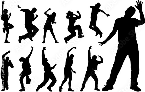 Human silhouettes in dynamic poses, expressive movement illustration, artistic choreography concept, physical motion vector, performance lifestyle design, creative stage art