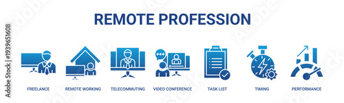 Remote Profession web banner icon vector illustration concept with icons of freelance work, remote working, telecommuting, video communication, task scheduling, time management, and performance.