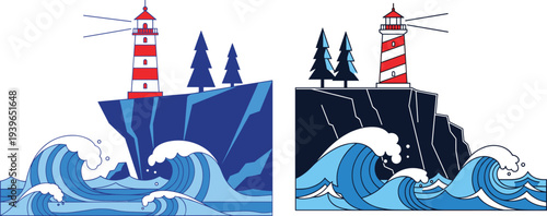 Lighthouse on rocky sea cliff with ocean waves coastal landscape illustration set nautical beacon tower maritime navigation vector design