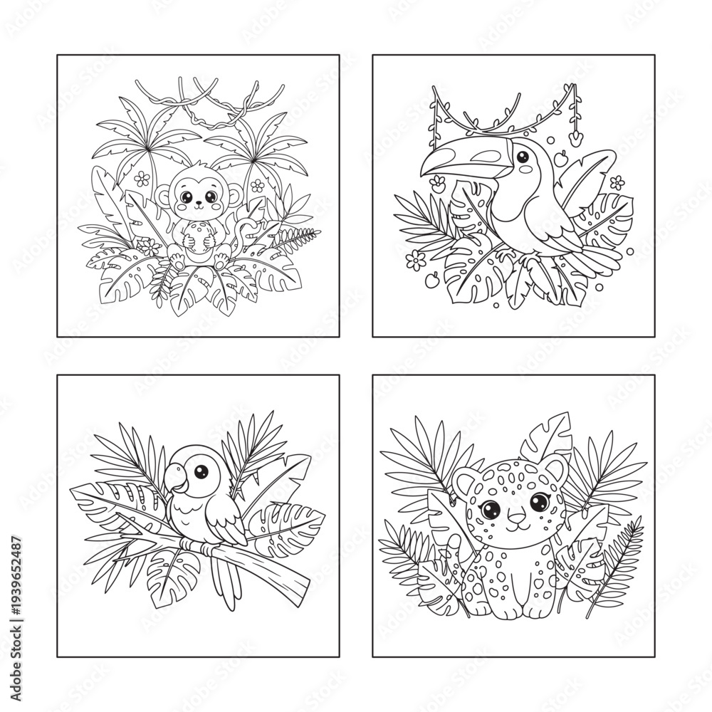 Obraz premium Rainforest Animals Coloring Pages Set with Monkey, Toucan, Parrot and Leopard for Kids 