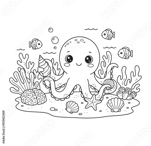 Cute Kawaii Octopus Coloring Page with Sea Creatures for Kids
