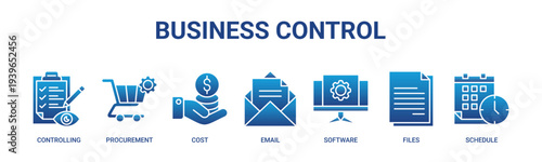 Business Control web banner icon vector illustration concept with icons of controlling, procurement, cost, email, software, files, schedule.