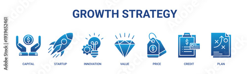 Growth Strategy web banner icon vector illustration concept with icons of capital, startup, innovation, value, price, credit, plan.