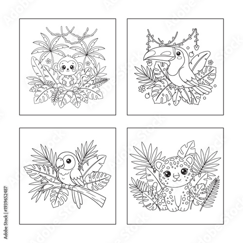 Rainforest Animals Coloring Pages Set with Monkey, Toucan, Parrot and Leopard for Kids
