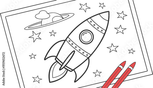 Cartoon rocket ship coloring page with stars and planet spaceship