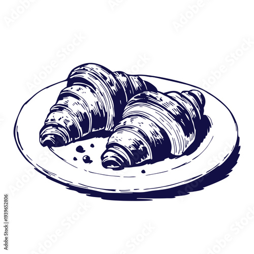 Hand drawn plate with two croissants in vintage engraving style for bakery branding, cafe menu design, packaging, posters and cozy breakfast food illustrations