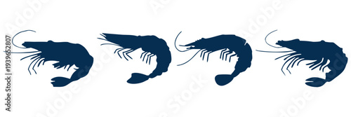 Hand drawn set of shrimp silhouettes in bold minimal style, perfect for seafood menus, restaurant logos, packaging, patterns and ocean themed illustrations