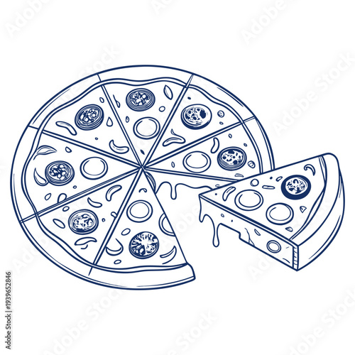 Hand drawn whole pizza with one cheesy slice pulled out, detailed toppings and dripping cheese for pizzeria logo, menu design, posters, packaging and restaurant branding